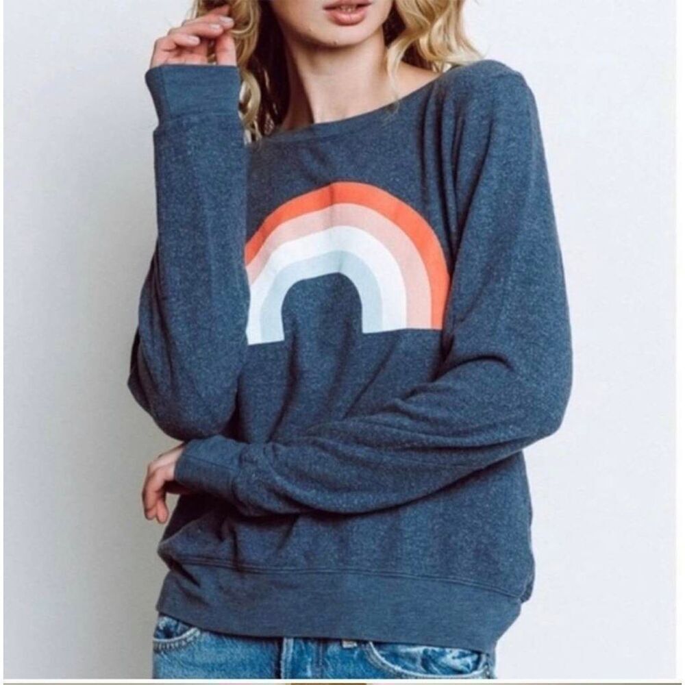 Wildfox Freedom Rainbow Sweatshirt Women's XL‎ Blue Long Raglan Sleeve Gorpcore